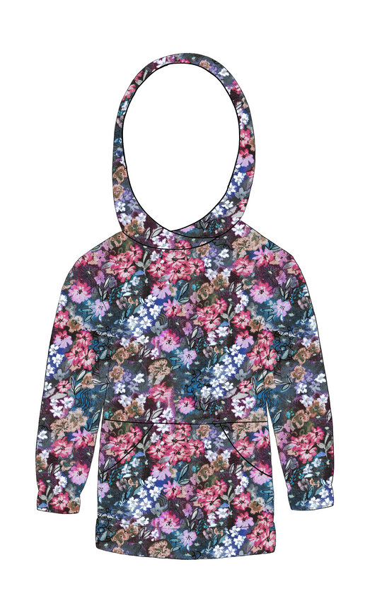 Handmade children’s hoody in Matilda Floral – rich floral print in bold fuchsia, blue, and green. Cosy jersey with hood, cuffs and front pocket.