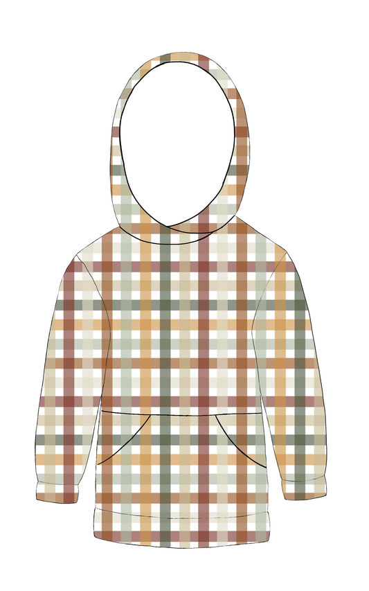 Handmade hoody in Harvest Gingham – autumn check jersey in rust, mustard, sage and cream with lined hood and pocket.