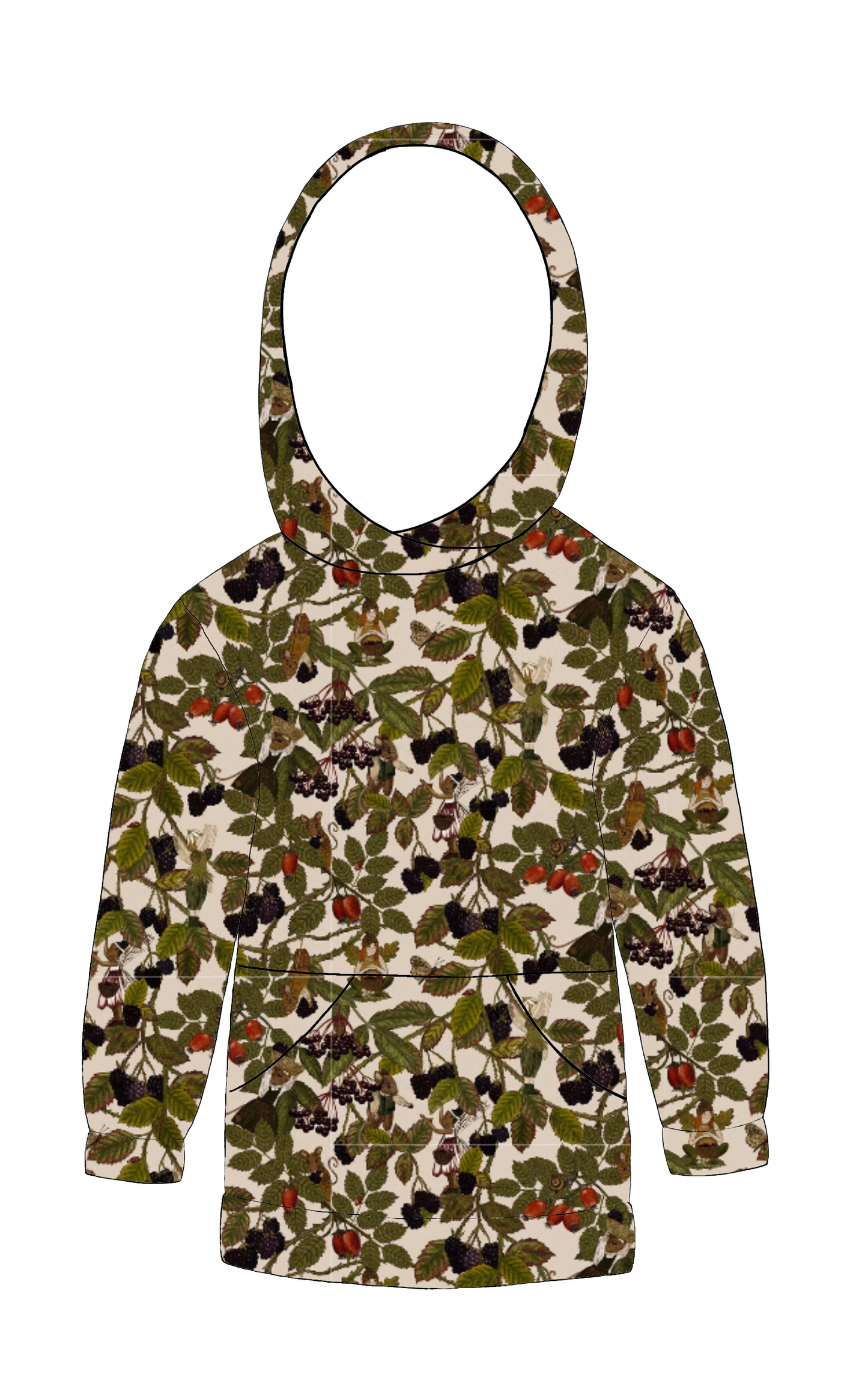 Handmade hoody in Hedgerow – woodland jersey with fairies, forest creatures and berries, finished with a lined hood and front pocket.