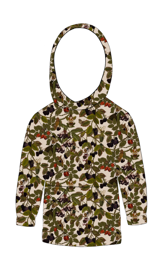 Handmade hoody in Hedgerow – woodland jersey with fairies, forest creatures and berries, finished with a lined hood and front pocket.