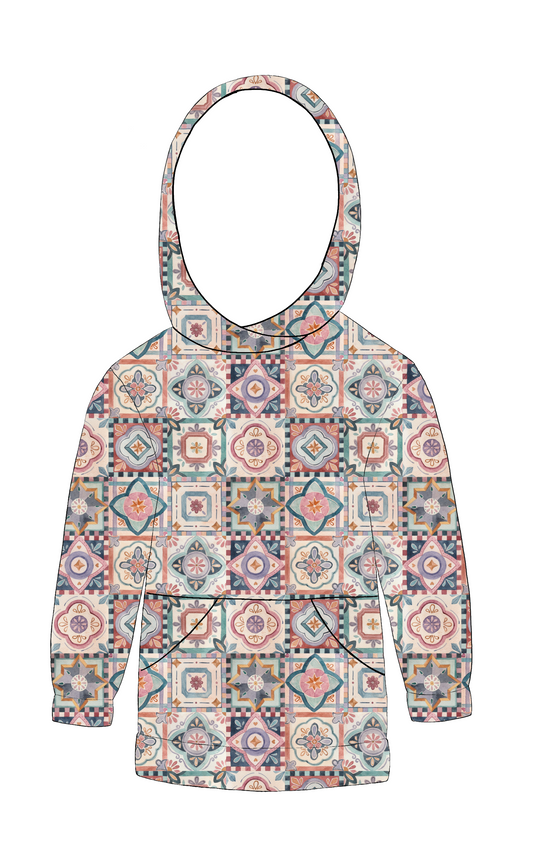 Handmade hoody in Faro – jersey with warm terracotta and navy tile-style motifs, featuring lined hood and kangaroo pocket.