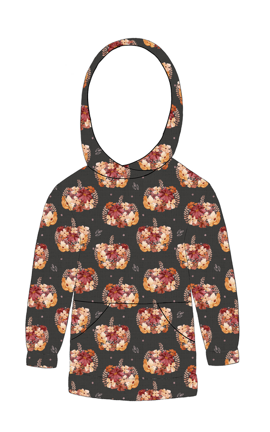Handmade hoody in Baize – charcoal background with floral pumpkins in warm autumn tones, lined hood and front pocket.