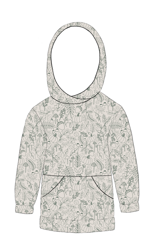 Handmade hoody in Autumn Outlines – neutral jersey with green botanical line drawings, finished with a hood and front pocket.