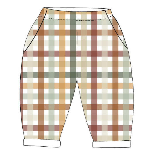 Vintage-style children’s trousers in Harvest Gingham – soft check fabric in rust, mustard and sage with patch pockets and comfy elastic waist.
