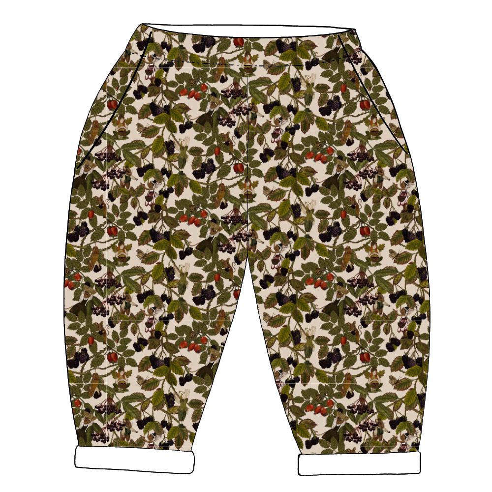 Handmade children's trousers in Hedgerow – soft woodland fabric with fairies, berries, leaves and mice, finished with pockets and a rolled hem.