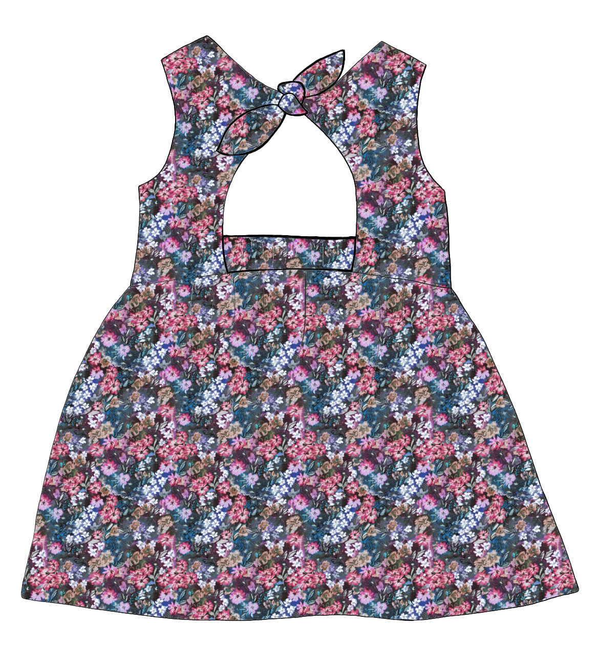 Bow Back Dress in Matilda Floral – deep blue jersey with layered painterly florals in fuchsia, violet and green, featuring a lined bodice and bow tie back.