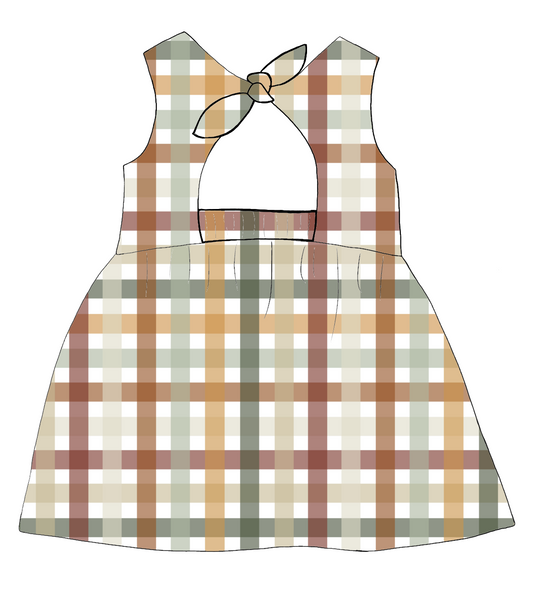 Bow Back Dress in Harvest Gingham – warm gingham jersey in rust, mustard, sage and cream, featuring a lined bodice and back bow detail.