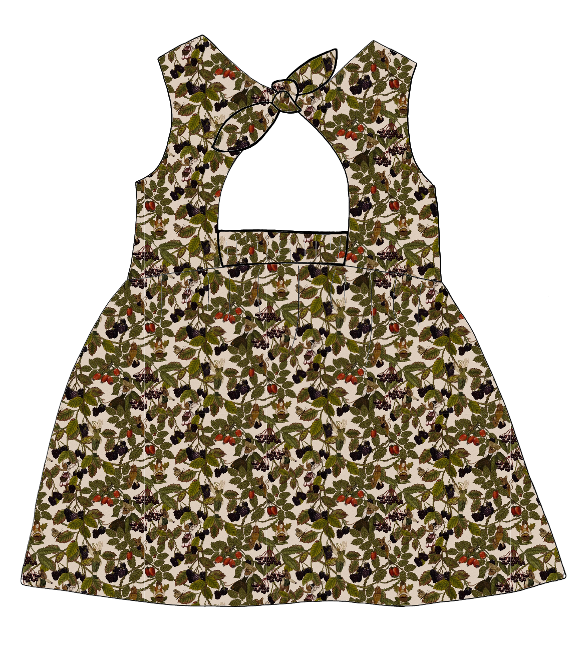 Bow Back Dress in Hedgerow – woodland jersey with hidden fairies, forest animals and berries, finished with a lined bodice and back bow.