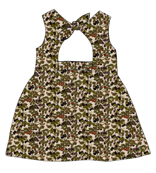 Bow Back Dress in Hedgerow – woodland jersey with hidden fairies, forest animals and berries, finished with a lined bodice and back bow.