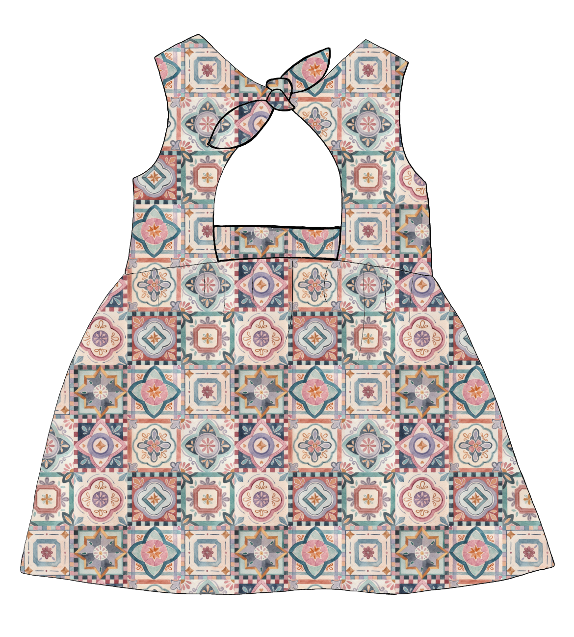 Bow Back Dress in Faro – vintage-style tile print jersey in terracotta, blush, navy and soft green with lined bodice and bow back detail.
