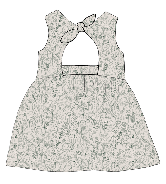 Bow Back Dress in Autumn Outlines – warm neutral jersey with fine green botanical print, finished with a lined bodice and bow at the back.