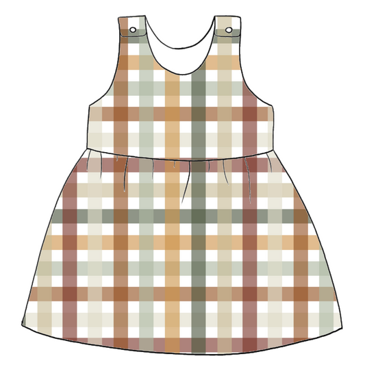Handmade pinafore dress in Harvest Gingham – warm gingham check in rust, mustard, sage and cream. Popper fastening straps and gathered skirt.