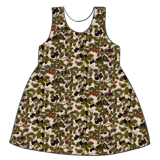 Handmade pinafore dress in Hedgerow – woodland jersey with forest animals, berries and hidden fairies. Features gathered skirt and popper straps.