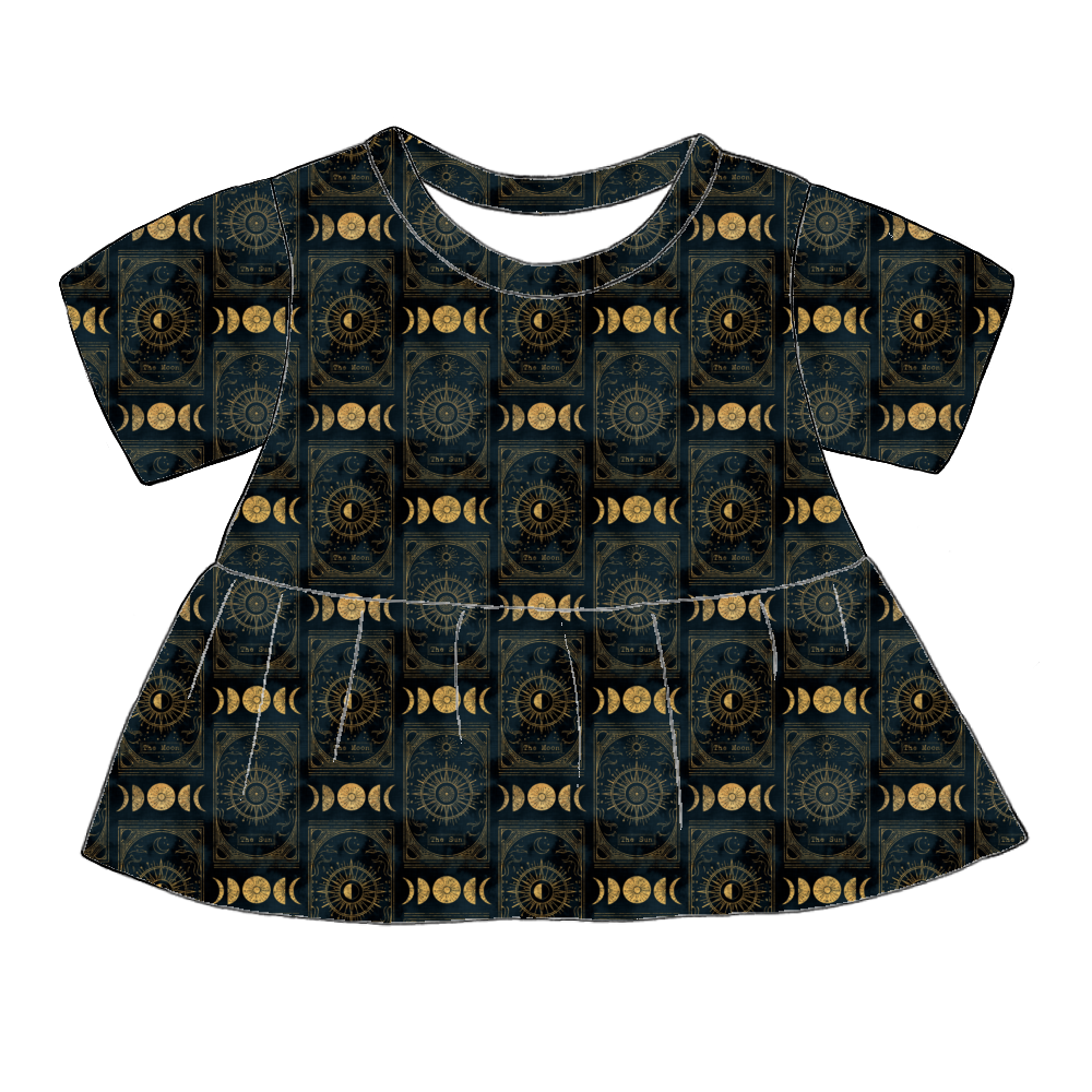Handmade short sleeved peplum top in Tarot – black and gold celestial jersey with moons, suns and mystical illustrations. 