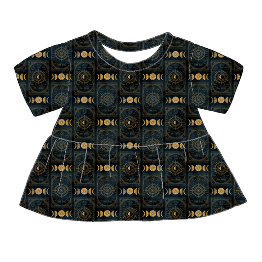 Handmade short sleeved peplum top in Tarot – black and gold celestial jersey with moons, suns and mystical illustrations. 