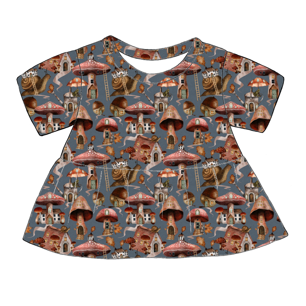 Handmade short sleeved peplum top in Mushroom Town – whimsical jersey with mushroom houses, snails and leafy toadstools on a blue-grey base.