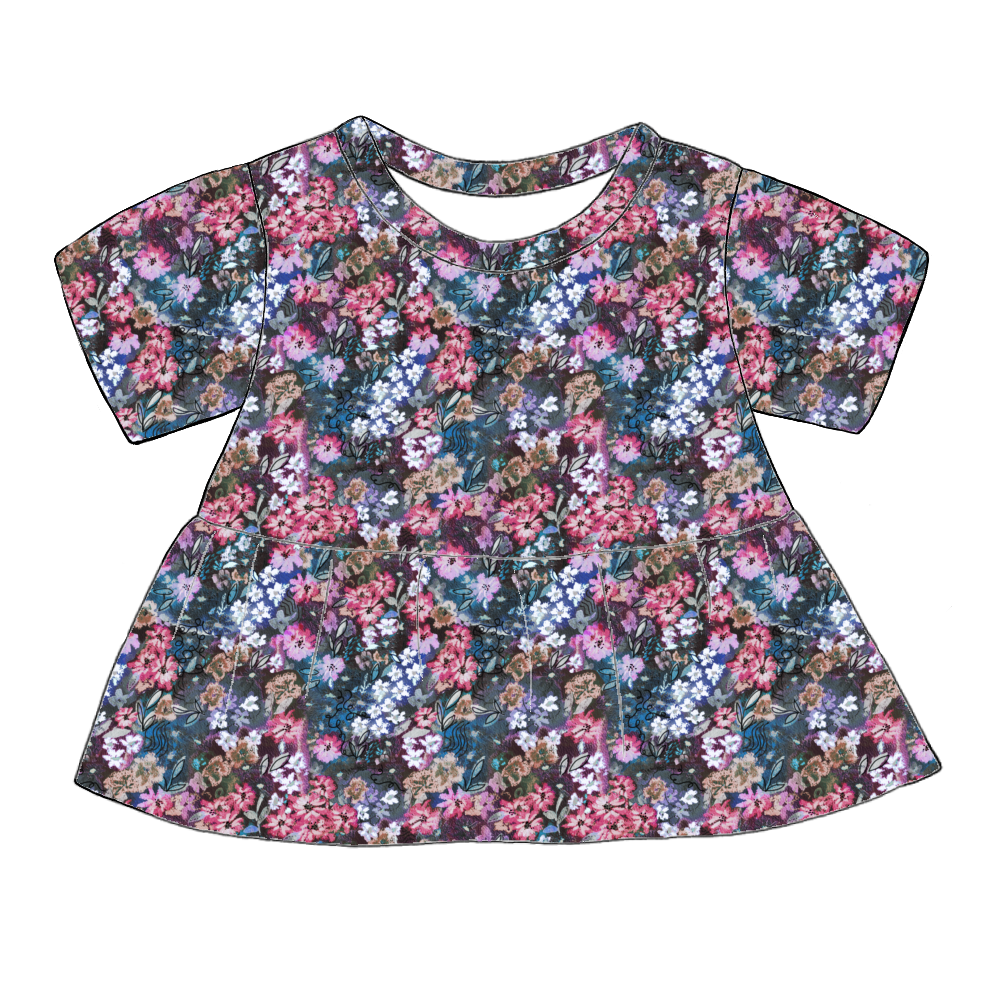 Handmade short sleeved peplum top in Matilda Floral – deep blue jersey with vibrant layered florals in pink, purple and green.