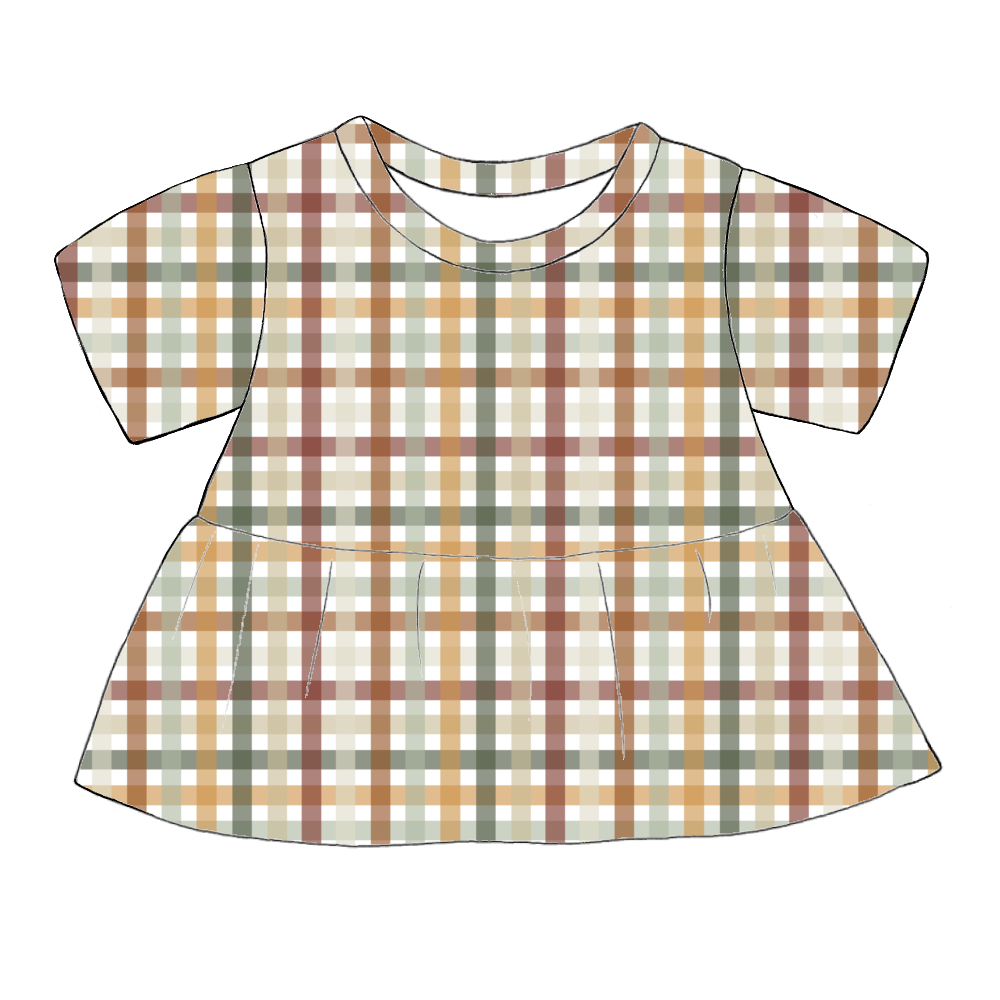 Handmade short sleeved peplum top in Harvest Gingham – warm rust, mustard, sage and cream check.