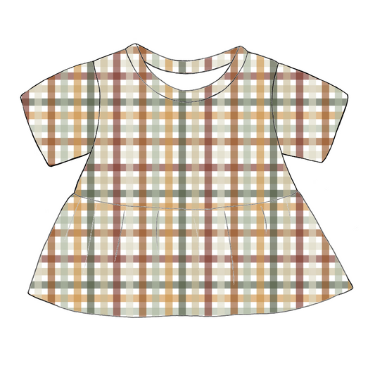 Handmade short sleeved peplum top in Harvest Gingham – warm rust, mustard, sage and cream check.
