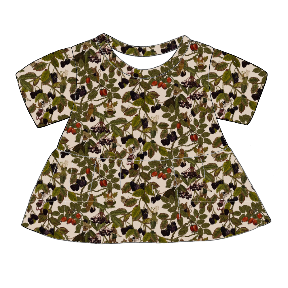 Handmade short sleeved peplum top in Hedgerow – woodland jersey with fairies, forest animals and berries.