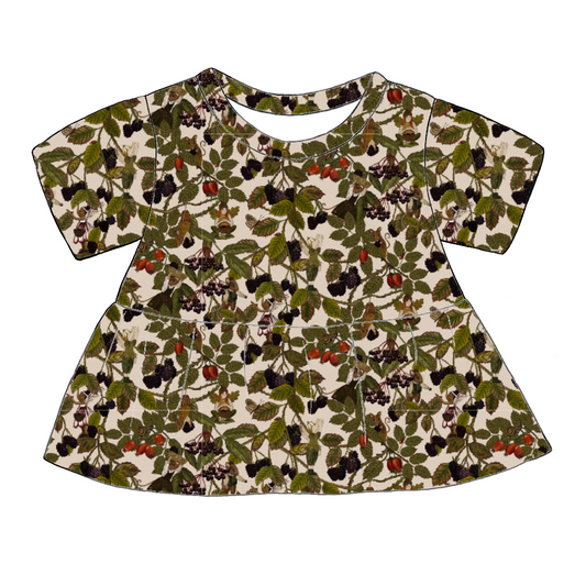 Handmade short sleeved peplum top in Hedgerow – woodland jersey with fairies, forest animals and berries.