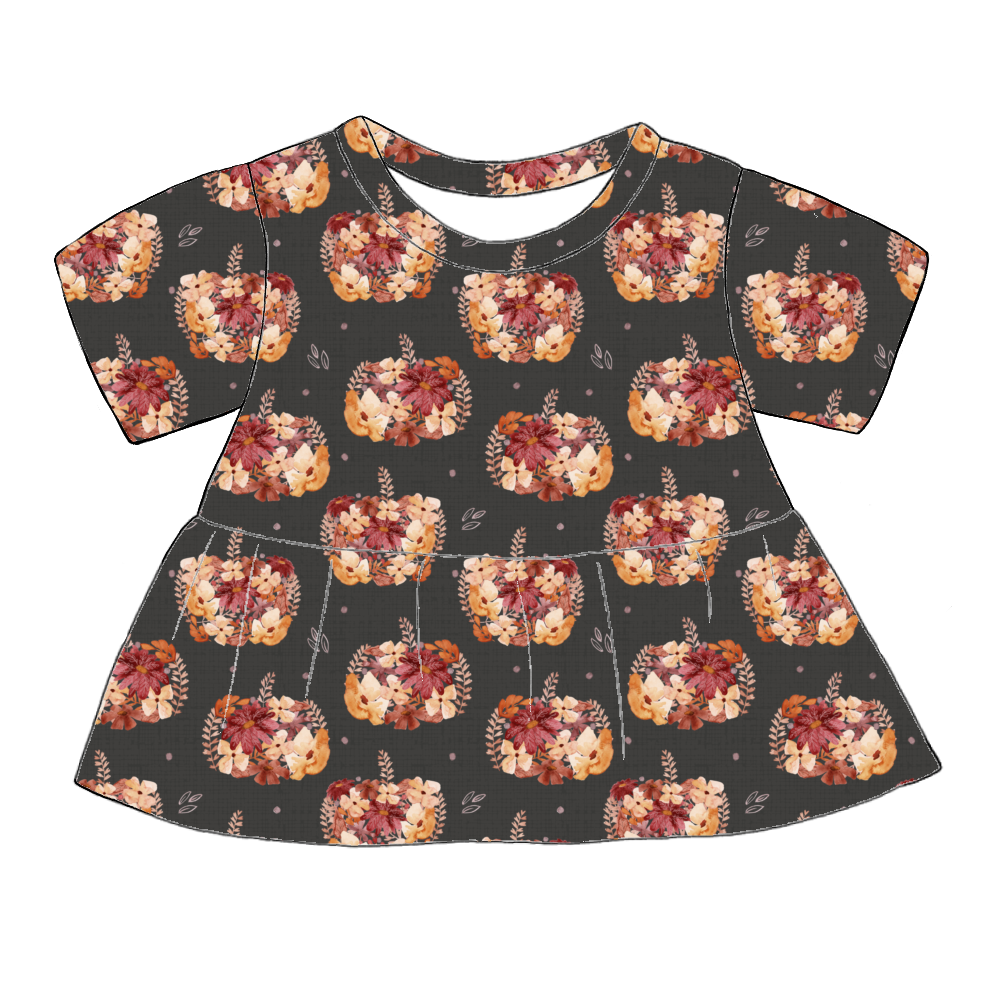 Handmade short sleeved peplum top in Baize – charcoal jersey with floral pumpkins in peach and burgundy.