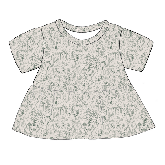 Handmade short sleeved peplum top in Autumn Outlines – warm neutral jersey with fine line green botanical print. 