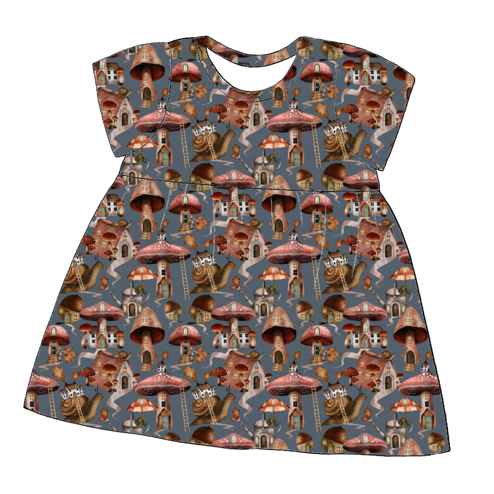 Short sleeve handmade gathered dress in Mushroom Town – soft blue-grey jersey with mushrooms, snails and leafy details.