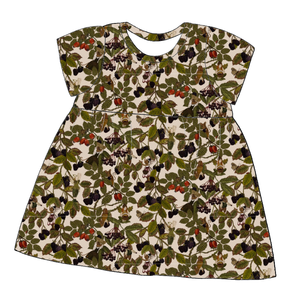 Short sleeve handmade gathered dress in Hedgerow – soft jersey with woodland creatures, berries and hidden fairies.