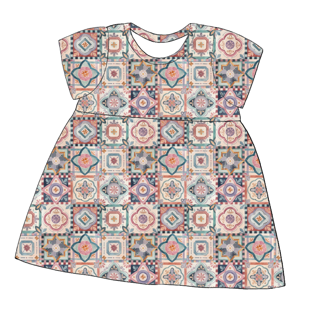 Short sleeve handmade gathered dress in Faro – vintage-inspired tile print in earthy tones on soft jersey.