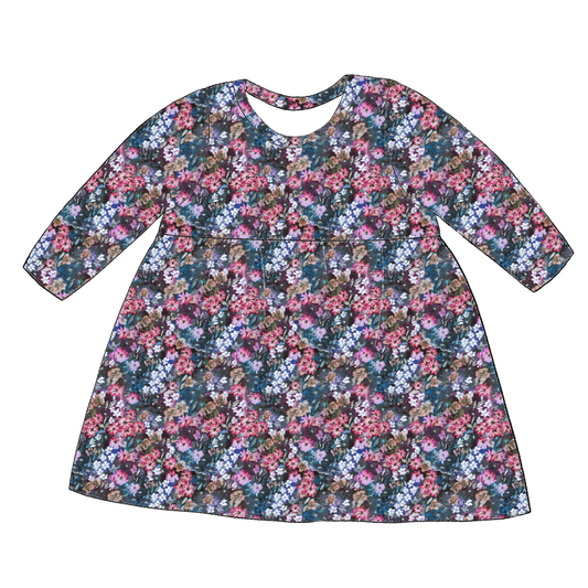 Long sleeve handmade gathered dress in Matilda Floral – deep blue jersey with painterly florals in pink, purple and green.