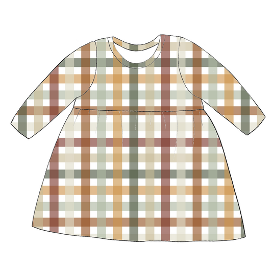 Long sleeve handmade gathered dress in Harvest Gingham – warm jersey check in rust, mustard, sage and cream.