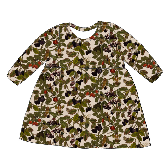 Long sleeve handmade gathered dress in Hedgerow – woodland jersey with fairies, forest animals and brambles.