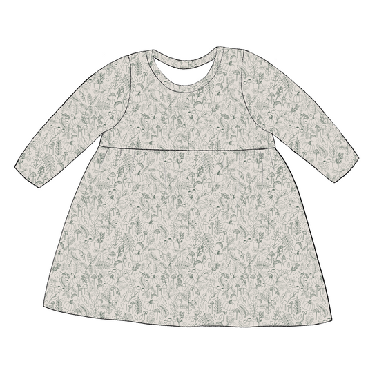 Long sleeve handmade gathered dress in Autumn Outlines – neutral jersey with green botanical line print.