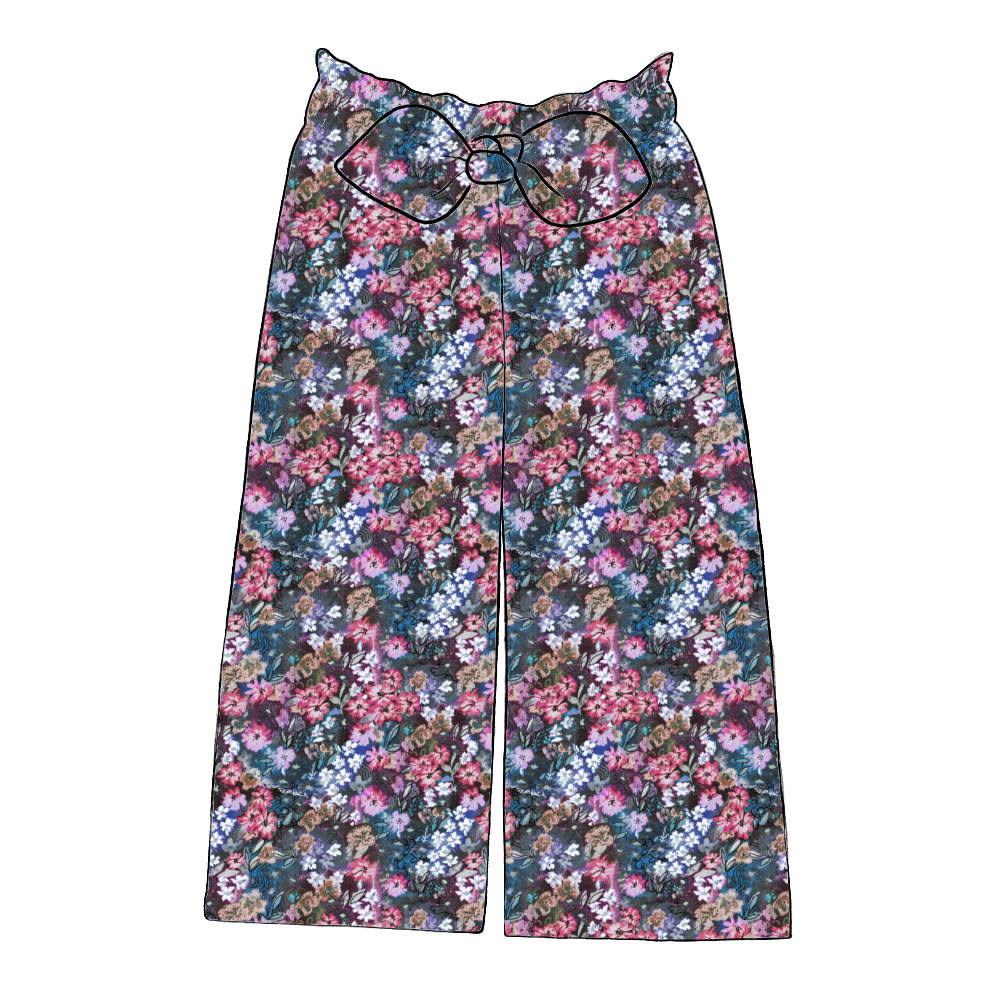 Paperbag trousers in Matilda Floral – bold print with deep blue, fuchsia and violet flowers, wide leg silhouette and feature bow.