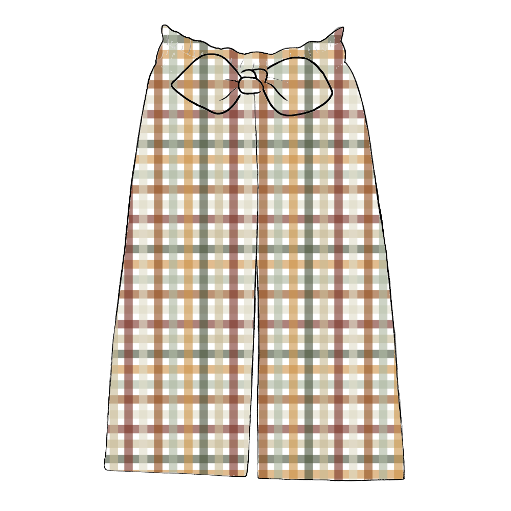 Wide leg paperbag trousers in Harvest Gingham – rust, mustard and sage check with elastic waist and large bow at front.