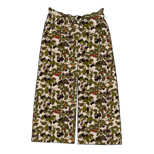 Handmade paperbag trousers in Hedgerow – soft woodland jersey with brambles, mice and fairies, wide leg fit and bow detail at waist.