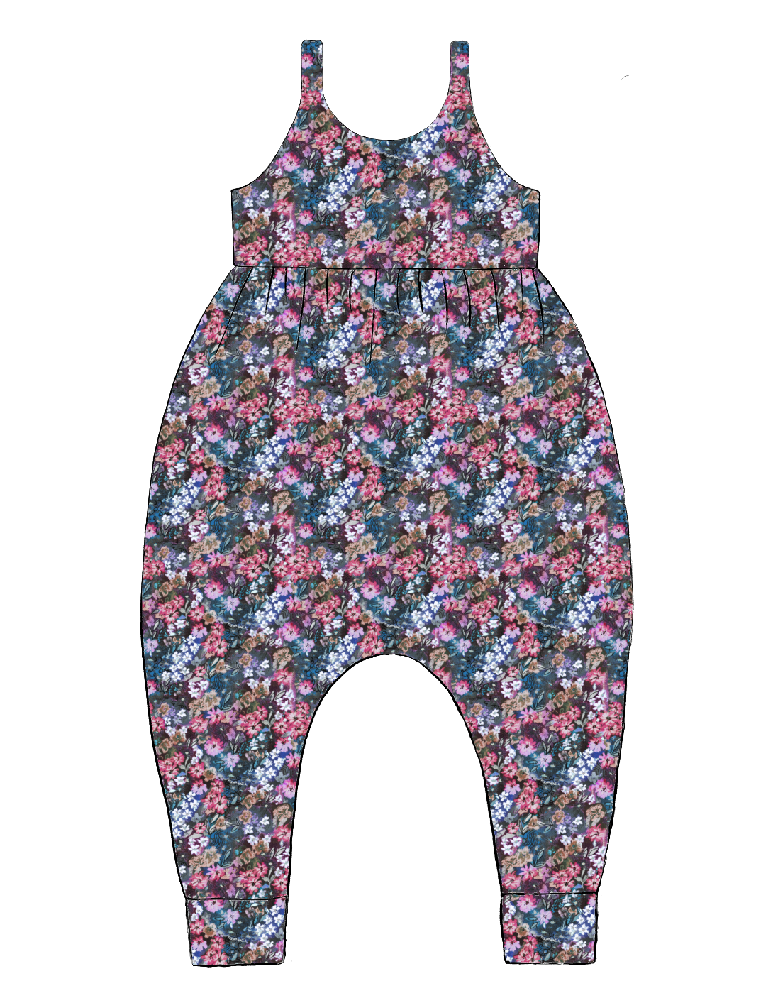 Handmade Napa Romper in Matilda Floral – deep blue jersey with layered florals in pink, purple and green. Harem-style fit with soft cuffs.