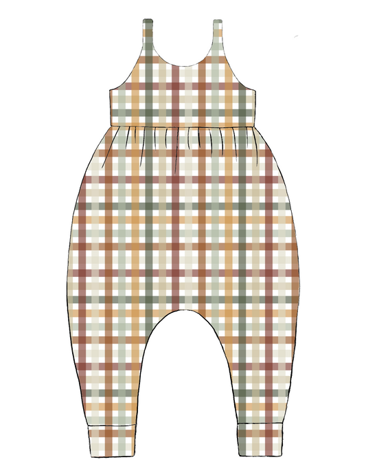 Handmade Napa Romper in Harvest Gingham – warm autumnal check in rust, mustard, sage and cream. Relaxed fit with soft harem-style legs.