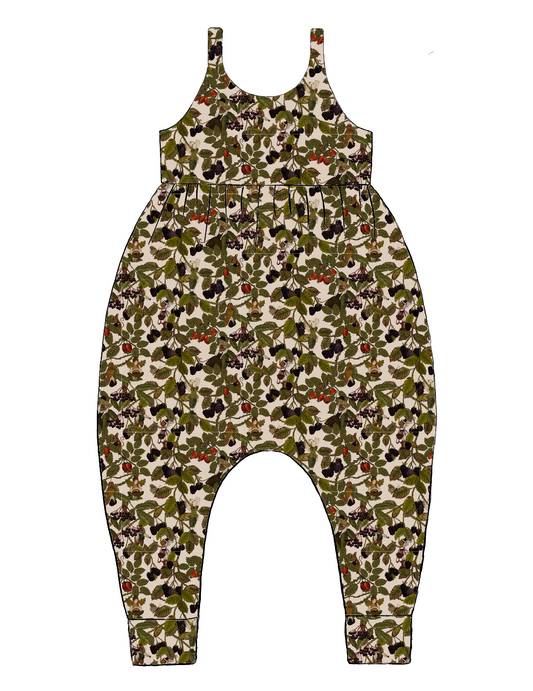 Handmade Napa Romper in Hedgerow – jersey with woodland creatures, fairies and brambles. Relaxed fit with soft cuffs and harem-style legs.