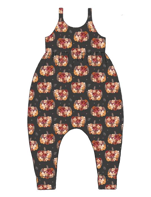 Handmade Napa Romper in Baize – charcoal jersey with floral pumpkins in soft peach and burgundy. Harem-style legs and soft cuffs.