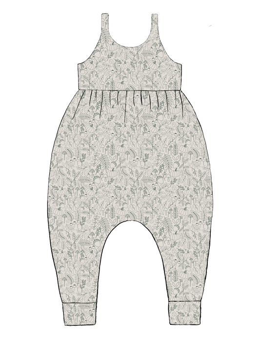 Handmade Napa Romper in Autumn Outlines – warm neutral jersey with fine green botanical print. Harem-style fit with soft cuffs.