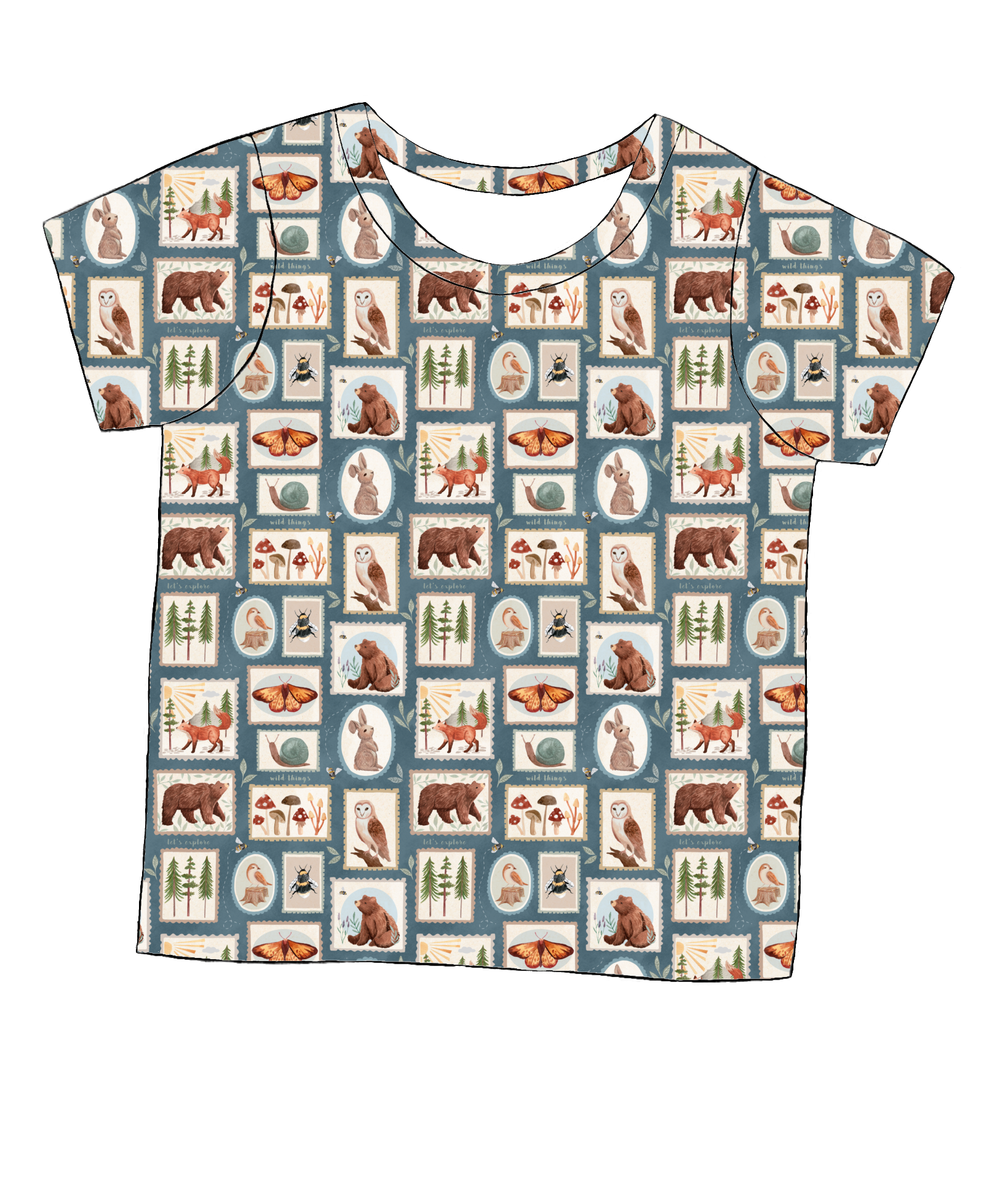 Short sleeve handmade T-shirt in Wild Stamps – soft jersey with folk-style woodland tile print in muted tones.