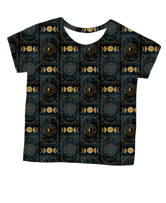 Short sleeve handmade T-shirt in Tarot – monochrome jersey with tarot-style suns, moons and stars.