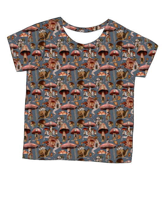 Short sleeve handmade T-shirt in Mushroom Town – whimsical jersey with snails, mushrooms and toadstools.