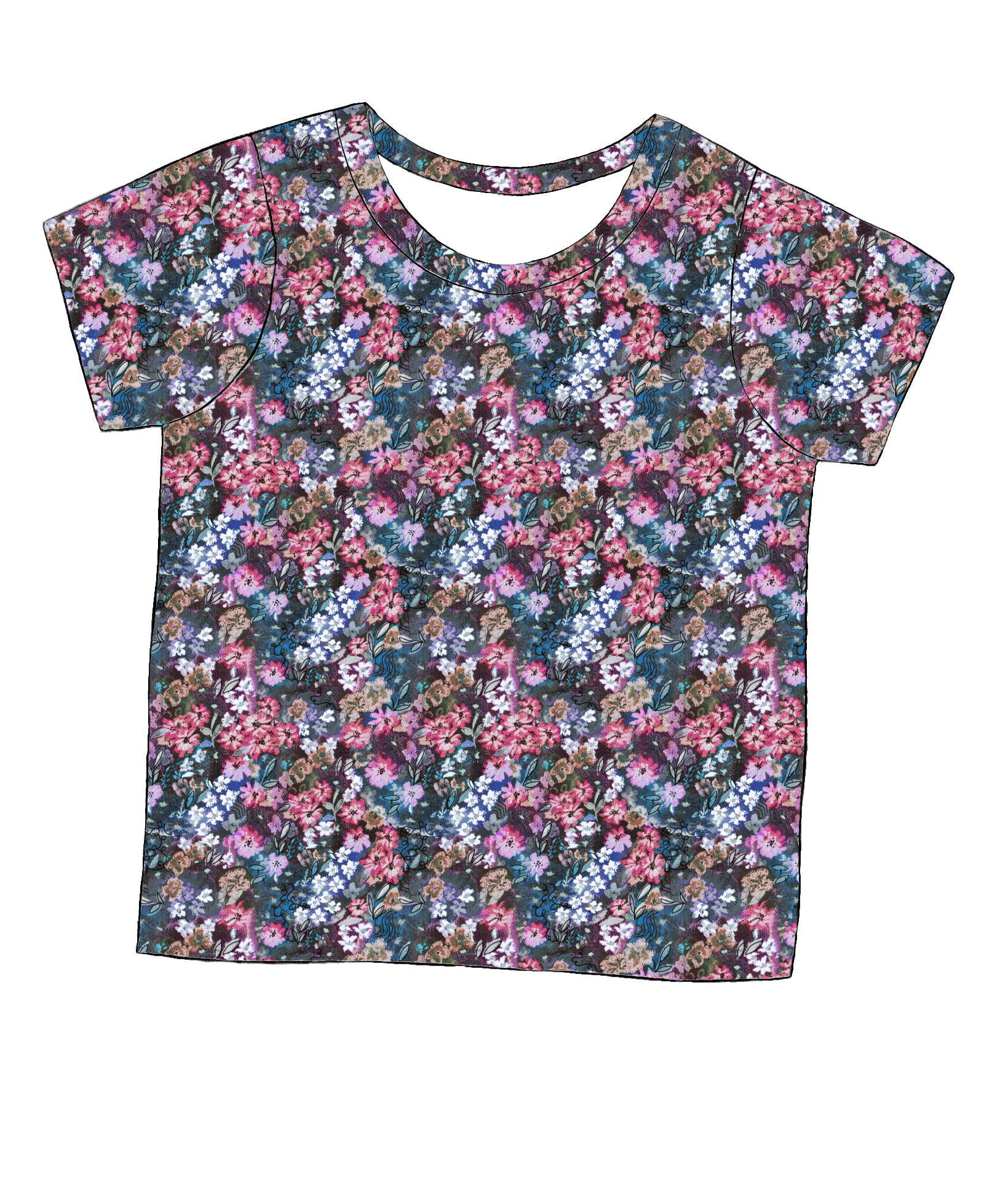 Short sleeve handmade T-shirt in Matilda Floral – bold floral jersey in deep blue with pink, violet and green details.