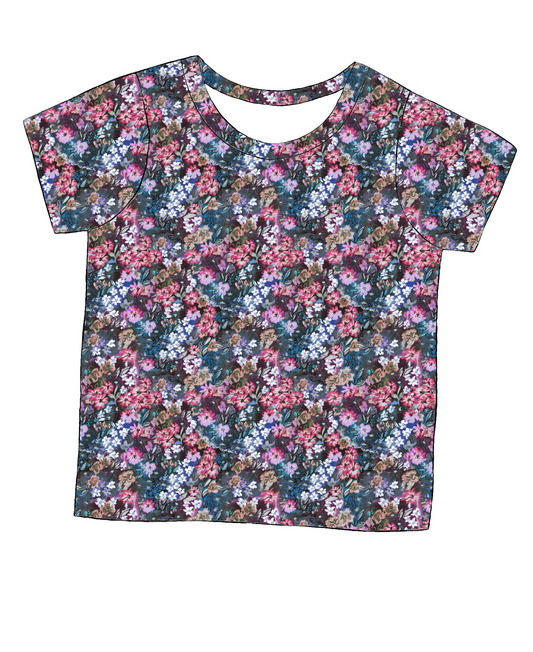 Short sleeve handmade T-shirt in Matilda Floral – bold floral jersey in deep blue with pink, violet and green details.