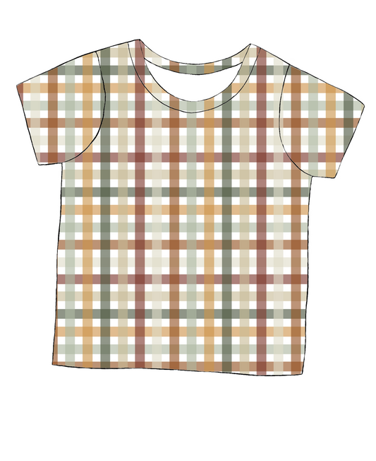 Short sleeve handmade T-shirt in Harvest Gingham – cosy jersey check in autumnal tones.