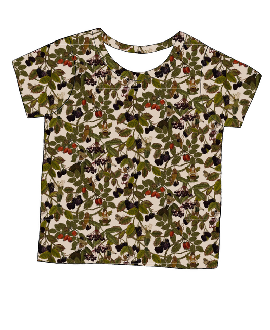 Short sleeve handmade T-shirt in Matilda Floral – bold floral jersey in deep blue with pink, violet and green details.