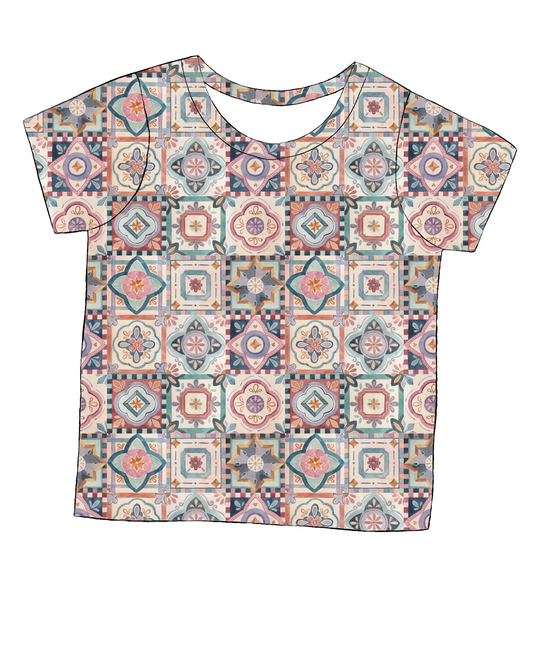 Short sleeve handmade T-shirt in Faro – vintage tile-style jersey in warm terracotta and blush tones.
